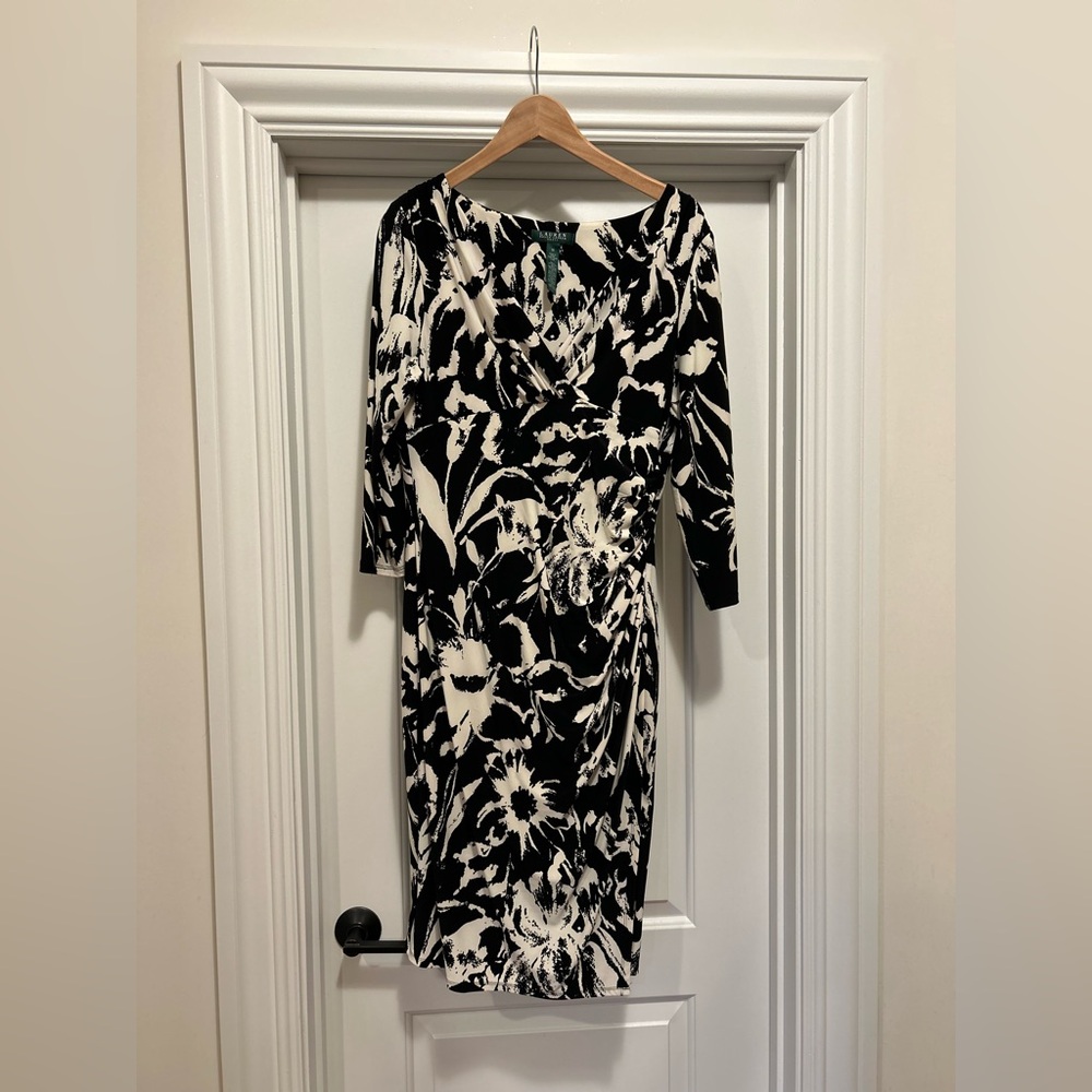 EUC Ralph Lauren Black and Off-White Faux Wrap Knit Dress sz 14